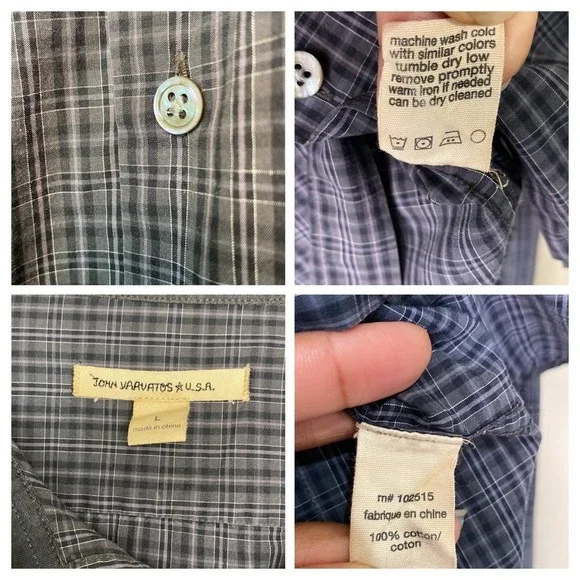 John Varvatos Stripped Checkered Black Gray Long Sleeve Button Down Men's L - Picture 3 of 6